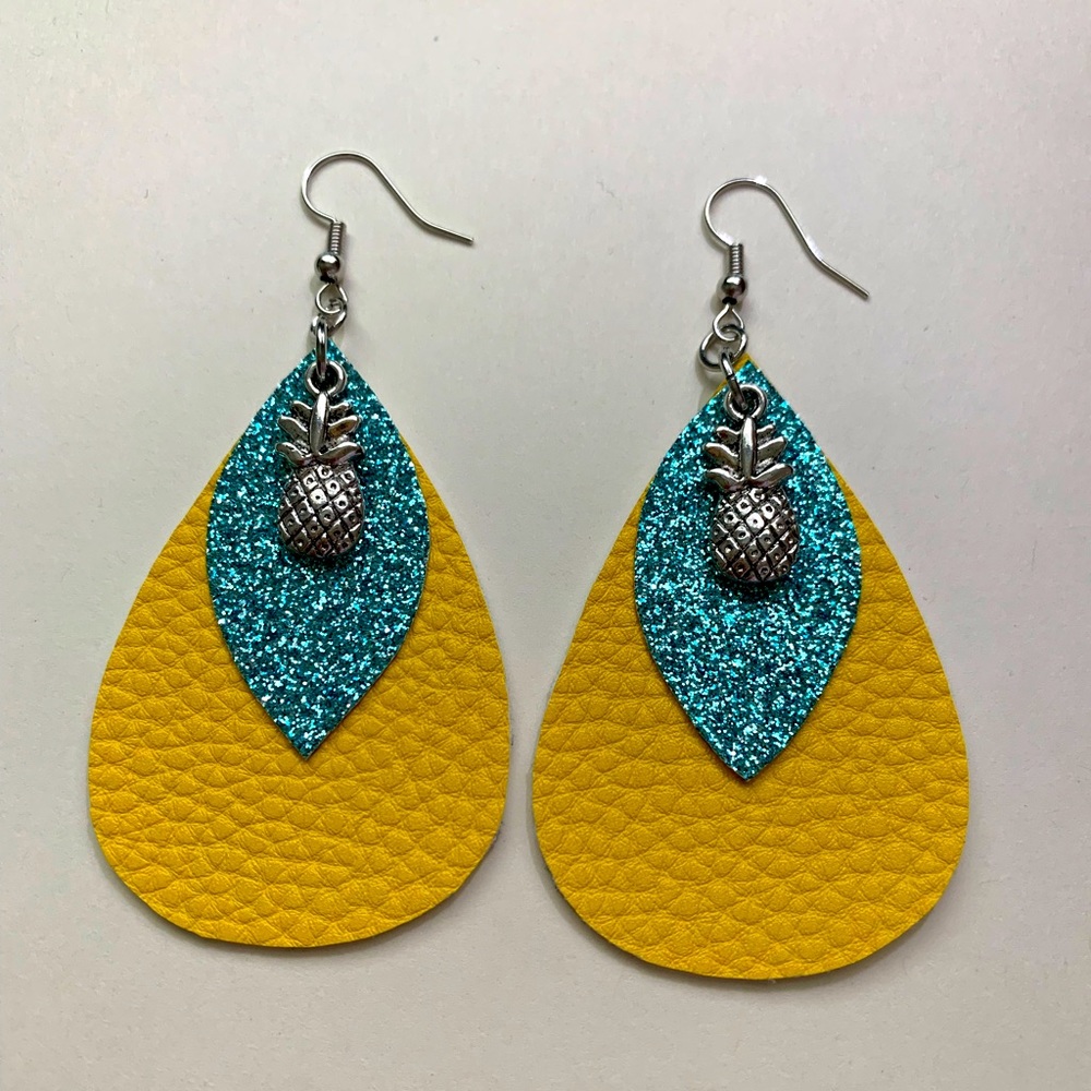 Yellow and Blue Teardrop Earrings with Pineapple Charm